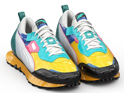 Vibrant Colorful Athletic Sneakers With Yellow Blue Pink Green Design Thick Traction Sole 3d model