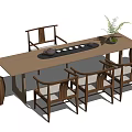 Wooden Tea Table And Chairs In Traditional Style With Tea Set And Green Plant