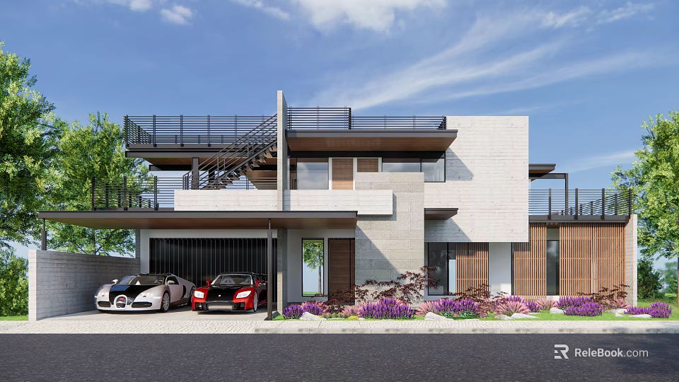 Modern Detached Villa Exterior With Double Garage Two Sports Cars Balcony And Purple Flowers 3d model 