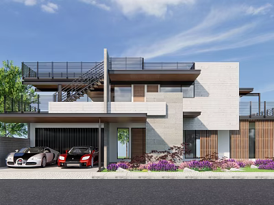 Modern Detached Villa Exterior With Double Garage Two Sports Cars Balcony And Purple Flowers 3d model