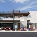 Modern Detached Villa Exterior With Double Garage Two Sports Cars Balcony And Purple Flowers