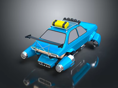 Blue Custom Compact Car With Yellow Roof Rack And Futuristic Front Parts 3d model