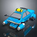 Blue Custom Compact Car With Yellow Roof Rack And Futuristic Front Parts