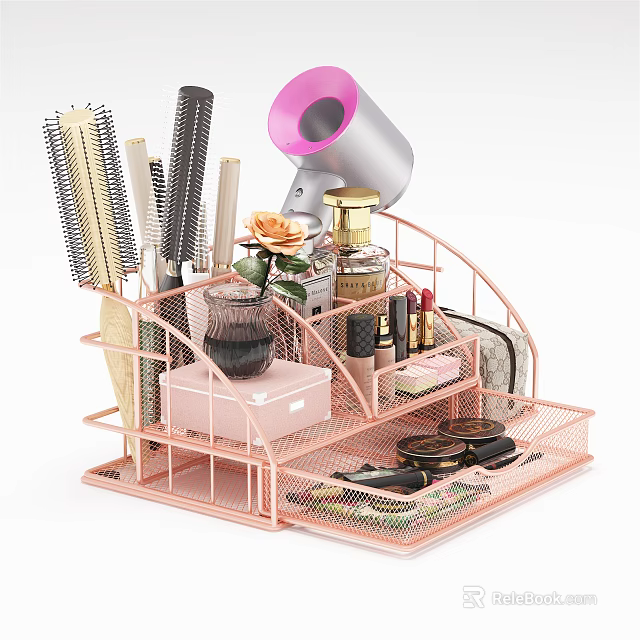 Pink Metal Mesh Storage Rack Organizing Cosmetics Hair Dryer Combs And Personal Care Items 3d model 