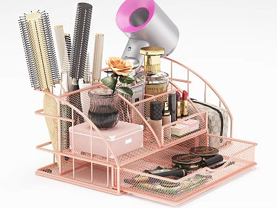 Pink Metal Mesh Storage Rack Organizing Cosmetics Hair Dryer Combs And Personal Care Items 3d model
