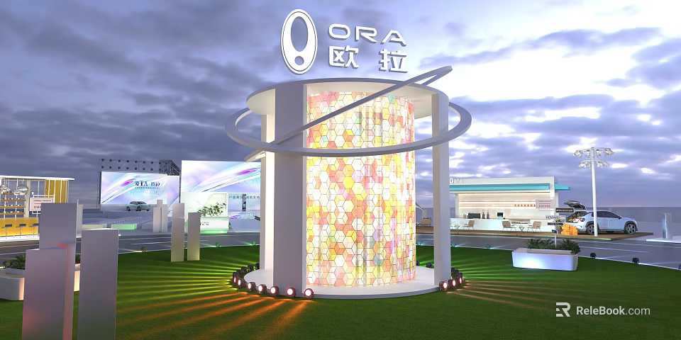 ORA Brand Exhibition Pavilion With Colorful Honeycomb Design Lawn And Lighting 3d model 