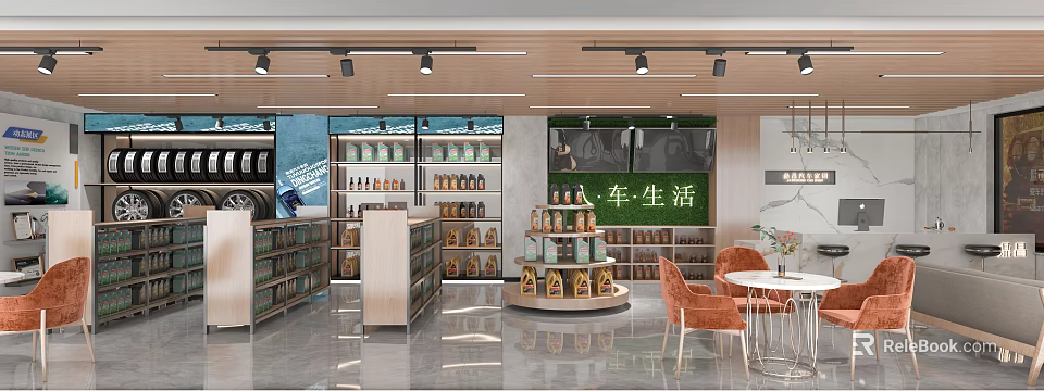 Car Life Specialty Store Modern Interior With Products On Shelves Display Cabinets Round Stand 3d model 