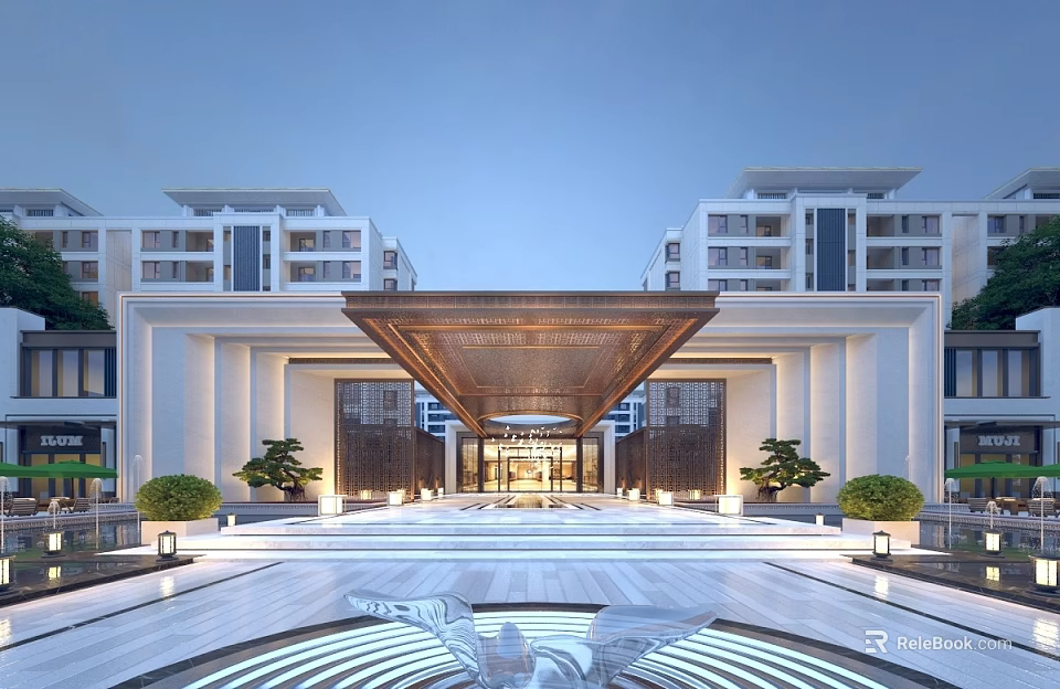 Elegant Modern Property Sales Office With Grand Entrance And Exquisite Outdoor Landscape Lighting Design 3d model 