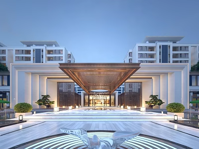 Elegant Modern Property Sales Office With Grand Entrance And Exquisite Outdoor Landscape Lighting Design 3d model