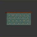 Blue Cabinet With Red Top And Multiple Drawers Featuring Gold Knobs
