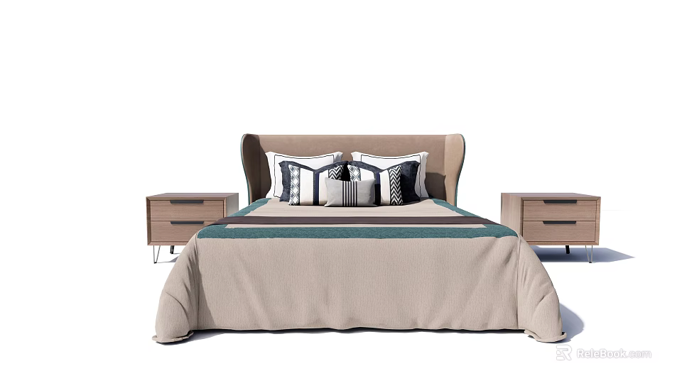 Double Bed With Upholstered Headboard Patterned Pillows Beige Bedspread And Nightstands 3d model