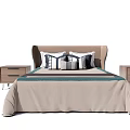Double Bed With Upholstered Headboard Patterned Pillows Beige Bedspread And Nightstands 3d model