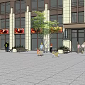 Modern Commercial Street With High Rise Buildings Storefronts Trees And Pedestrians