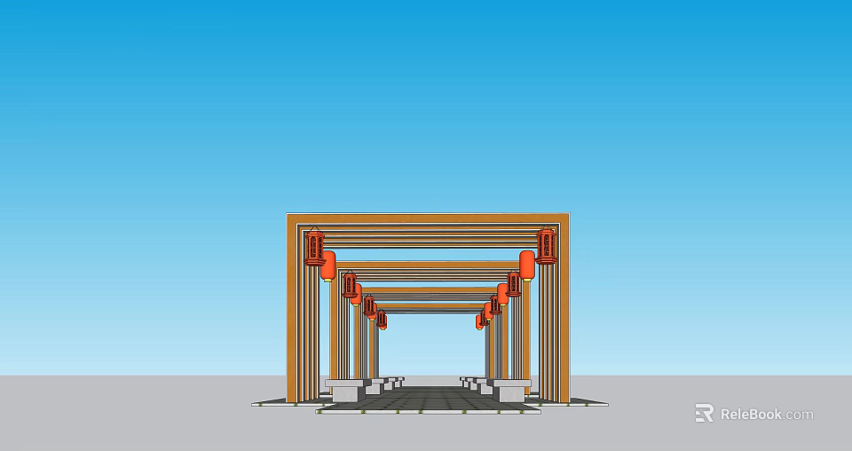 Outdoor Pergola With Yellow Frame Red Lanterns And White Pillars 3d model 