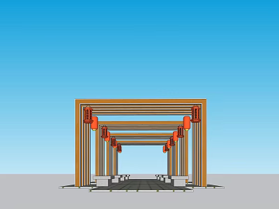 Outdoor Pergola With Yellow Frame Red Lanterns And White Pillars 3d model