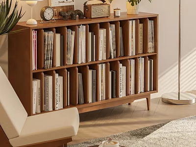 Wooden Bookshelf With Multiple Shelves Filled With Books And Decorative Items In Cozy Interior 3d model