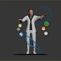 Man In White Coat Standing On Black Platform With Blue Flowing Lines And Circular Icons