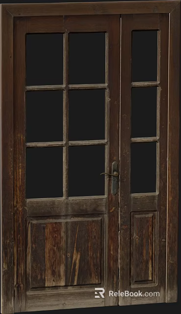 Old Worn Wooden Asymmetric Double Door With Glass Panes And Metal Handle 3d model 
