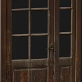 Old Worn Wooden Asymmetric Double Door With Glass Panes And Metal Handle