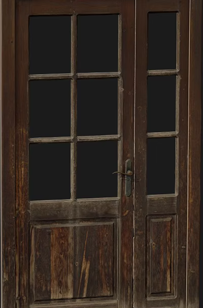 Old Worn Wooden Asymmetric Double Door With Glass Panes And Metal Handle 3d model