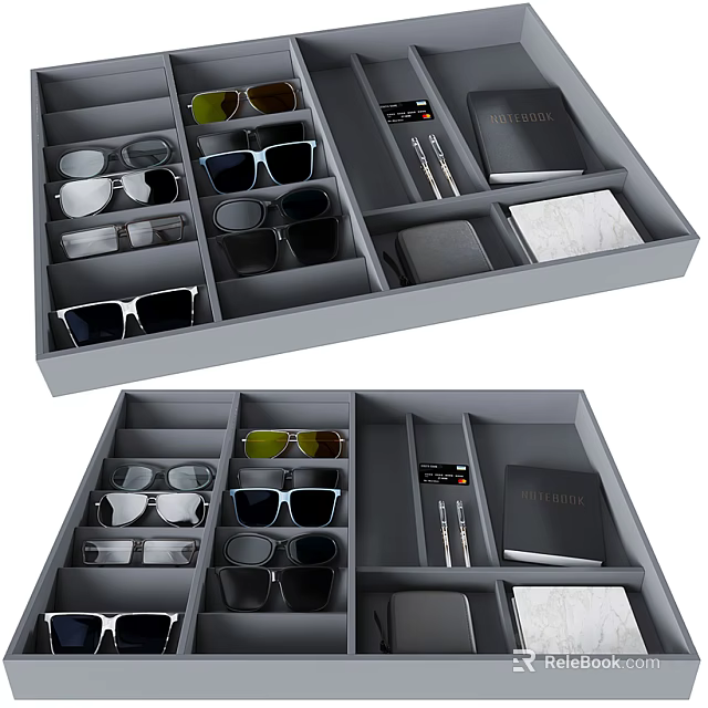 Modern Display Shelf With Divided Compartments For Sunglasses Pens And Notebooks 3d model 