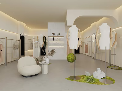 Modern Clothing Store Interior With White Mannequins Clothing Racks Open Space And Green Plants 3d model