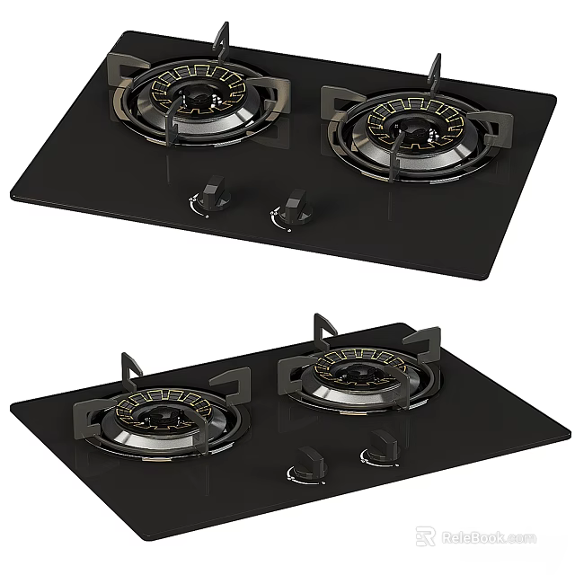 Two Black Gas Cooking Stoves With Burners And Control Knobs 3d model