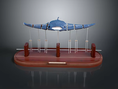 Blue Manta Ray Model Display With Wooden Base And Support Structures 3d model