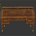 Ornate Wooden Writing Desk With Red Finish Golden Accents And Decorative Patterns