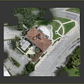 Detailed Architectural Scene Model Featuring Building with Red Roof Trees Roads and Lawn