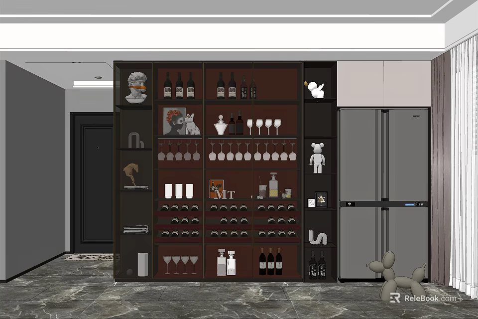 Modern Wine Cabinet Interior With Wine Bottles Glasses And Decorative Shelves 3d model 