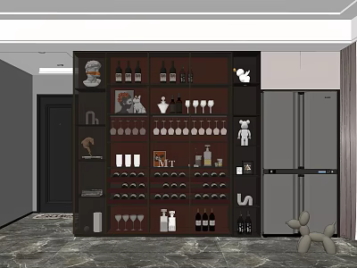 Modern Wine Cabinet Interior With Wine Bottles Glasses And Decorative Shelves 3d model