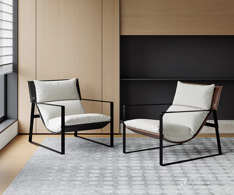 Modern Lounge Chairs With Black Metal Frame And Light Colored Cushions In Interior 3d model 