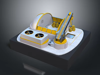 3D Model of Mechanical Device Featuring White Semicircular Structure Yellow Borders Mechanical Arm and Cargo 3d model