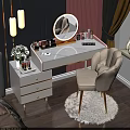 Elegant White Dressing Table Interior With Gold Details Round Mirror Cosmetics And Beige Chair