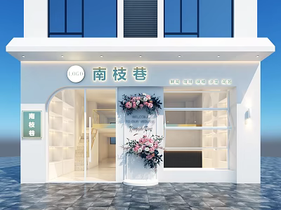 Modern Storefront Design With White Building Glass Door Flower Decor And Display Shelves 3d model