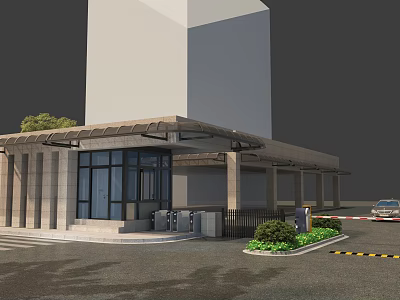 Modern Building Entrance Gate With Stone Structure Glass Doors And Canopy 3d model
