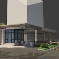 Modern Building Entrance Gate With Stone Structure Glass Doors And Canopy