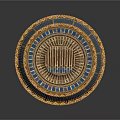 Circular Woven Rattan Furniture With Intricate Blue Brown Geometric Pattern Tray Design