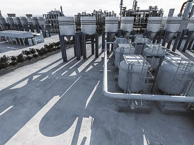 Industrial Plant with Large Storage Tanks Piping Systems Cooling Towers and Steel Structures 3d model