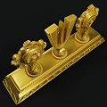 Golden Decorative Ornament Set With Harp Shaped Centerpiece Spiral Tassel Side Pieces On Wavy Base