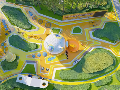 Outdoor Children's Play Area With Vibrant Yellow Pathways Round Dome Slides And Green Lawns 3d model