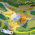Outdoor Children's Play Area With Vibrant Yellow Pathways Round Dome Slides And Green Lawns