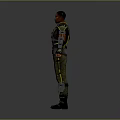 Game Film Character In Tactical Military Outfit With Black Green Armor And Yellow Accents
