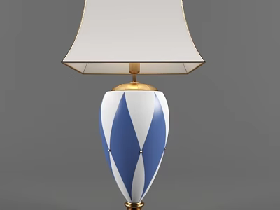 Elegant Table Lamp With White Lampshade And Blue White Diamond Pattern Base Golden Accents 3d model