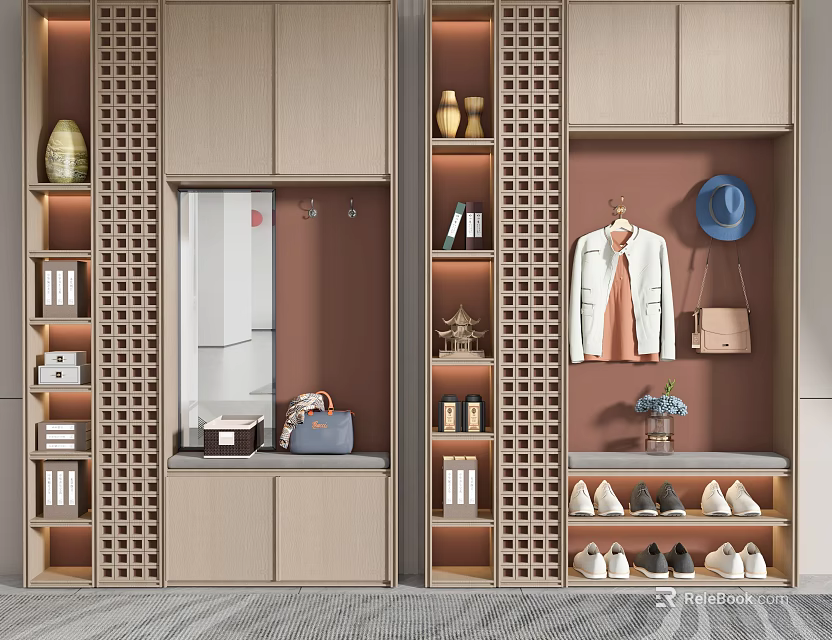 Modern Wooden Shoe Cabinet Design With Storage Shelves Mirror And Decorative Hooks 3d model 