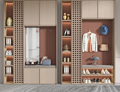 Modern Wooden Shoe Cabinet Design With Storage Shelves Mirror And Decorative Hooks 3d model