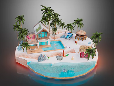 Cartoon Scenic Island Scene With Palm Trees House Swimming Pool Beach Sun Umbrella And Boat 3d model