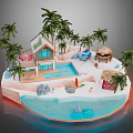 Cartoon Scenic Island Scene With Palm Trees House Swimming Pool Beach Sun Umbrella And Boat