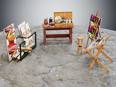 Musical Instruments and Art Supplies with Easels Canvases Paints Brushes and Wooden Table 3d model